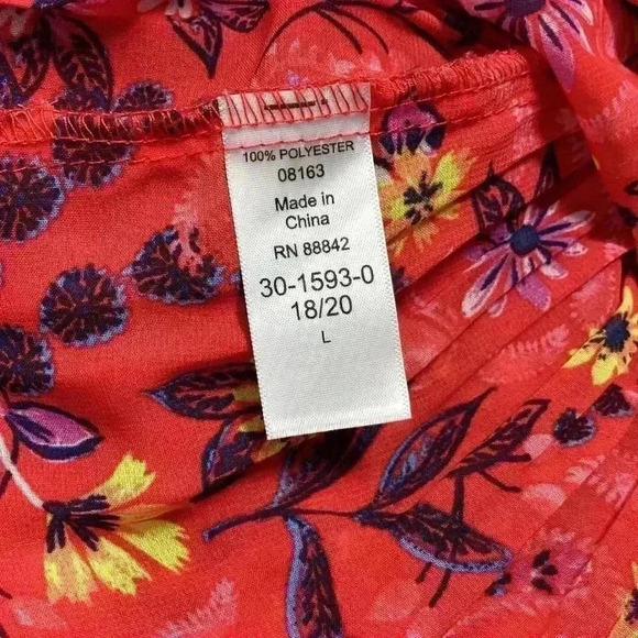 Woman Within Women L 18 20 Pleated Floral Blouse Top Red Multicolor LS Studs - Picture 7 of 8